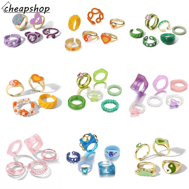 IFYOU 6pcs / Set Cincin Desain Kupu-Kupu Tai Chi Hati Geometris Hollow Untuk Hadiah