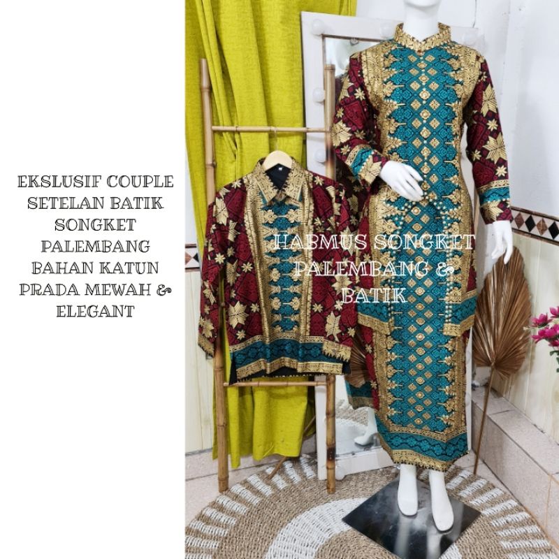 setelan couple batik songket palembang nampan tosca payet