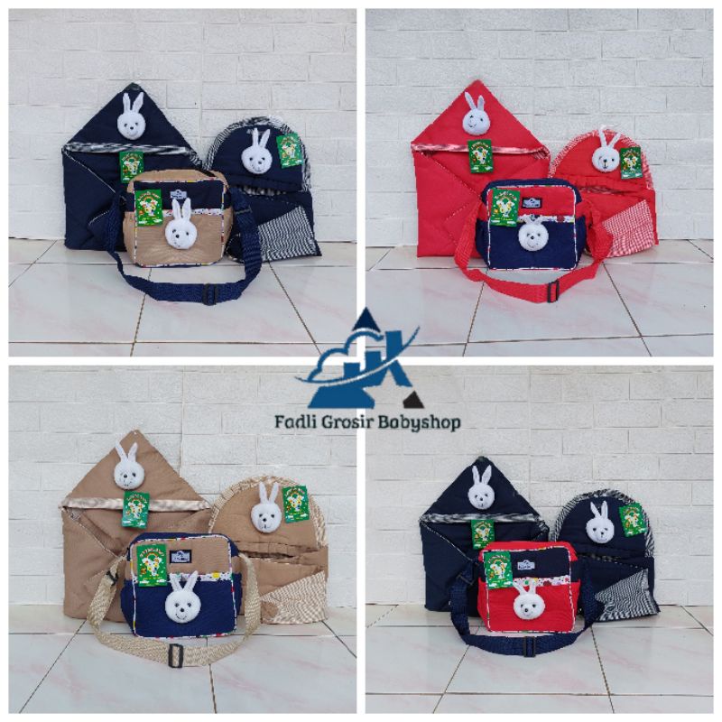 Paket Hemat (3 in 1) Tas Bayi Strip Boneka Gendongan Bayi Samping Topi Boneka Kelinci Dan Selimut Bayi Boneka Kelinci