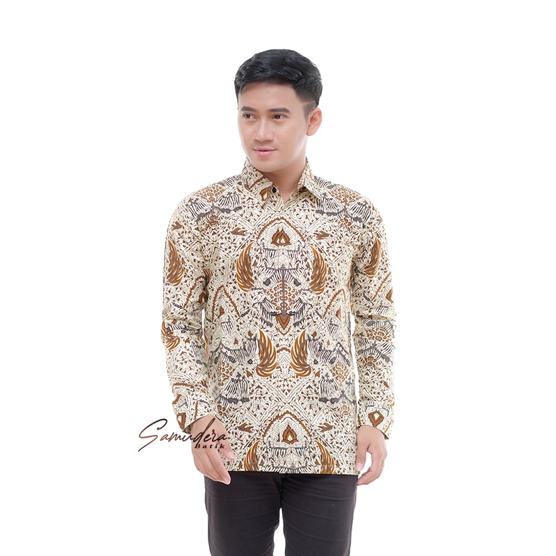 KEMEJA BATIK PRIA LENGAN PANJANG SIZE M L XL XXL  BSWART BatiK HRB026 Kenongo Hem Panjang Padi-Kmj Mataram putih