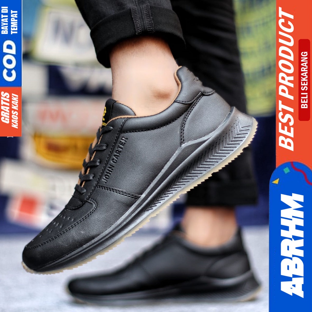 Sepatu Casual Pria Sneakers Hitam Kasual Kulit Pu Kekinian Kerja Kuliah Kantor Fashion Shoes Terbaru ABRHM SPARTA