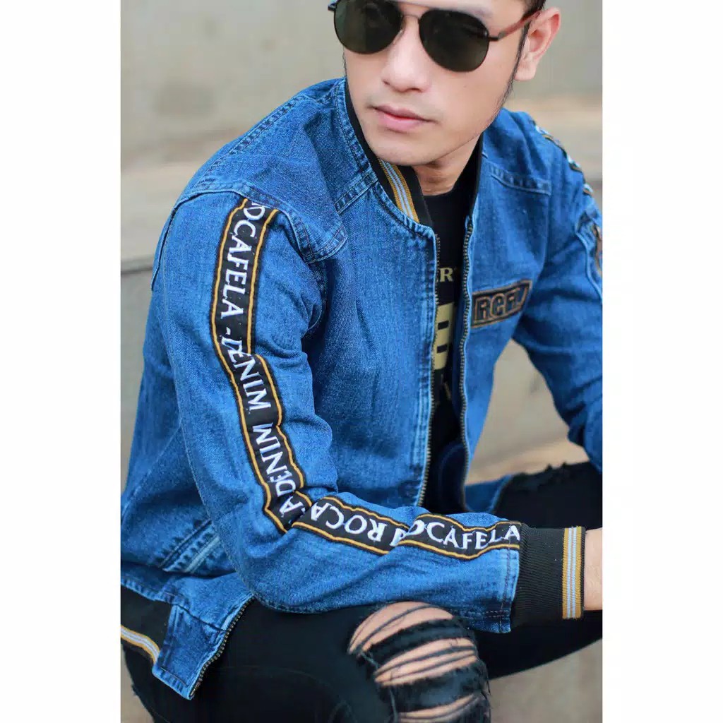 [SIAP KIRIM] JAKET JEANS PRIA BOMBER JEANS TAPING 2 ROCAFELA DENIM COWOK ORIGINAL RCFL SENWASH