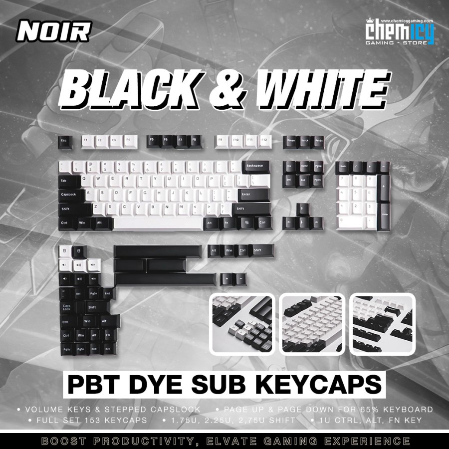 Noir Black and White PBT Double-shot Keycaps 153 Set Cherry Profile