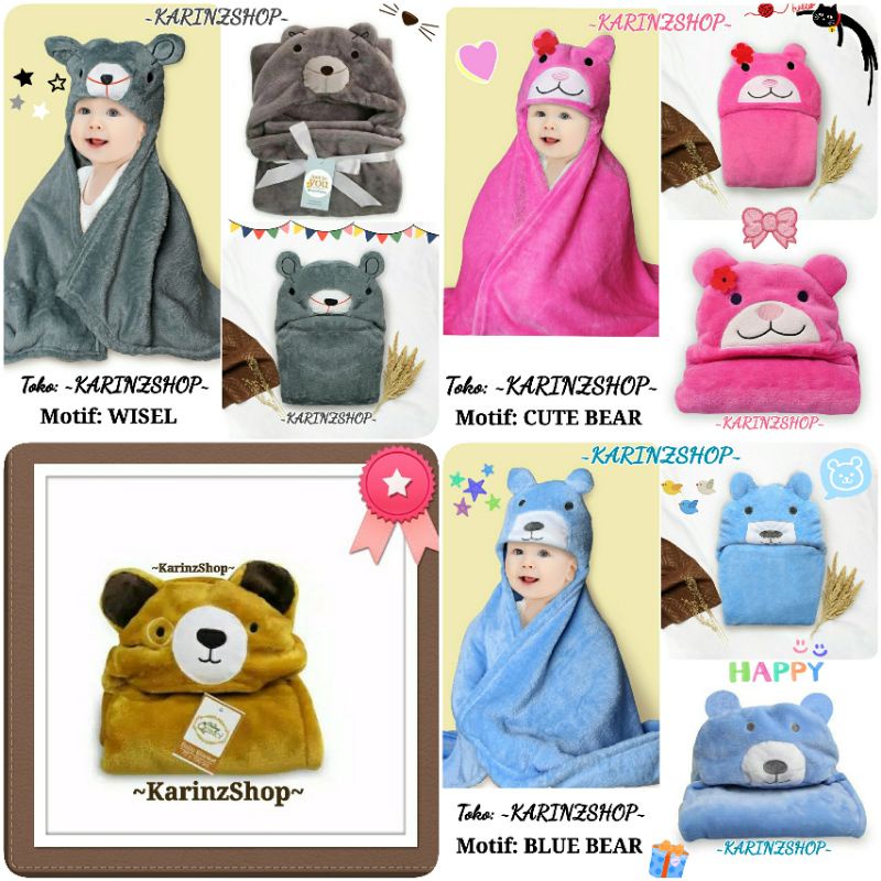 Selimut Bayi Topi Baby Blanket Vallery Quincy : BEAR/WISEL/CUTE BEAR/BLUE BEAR