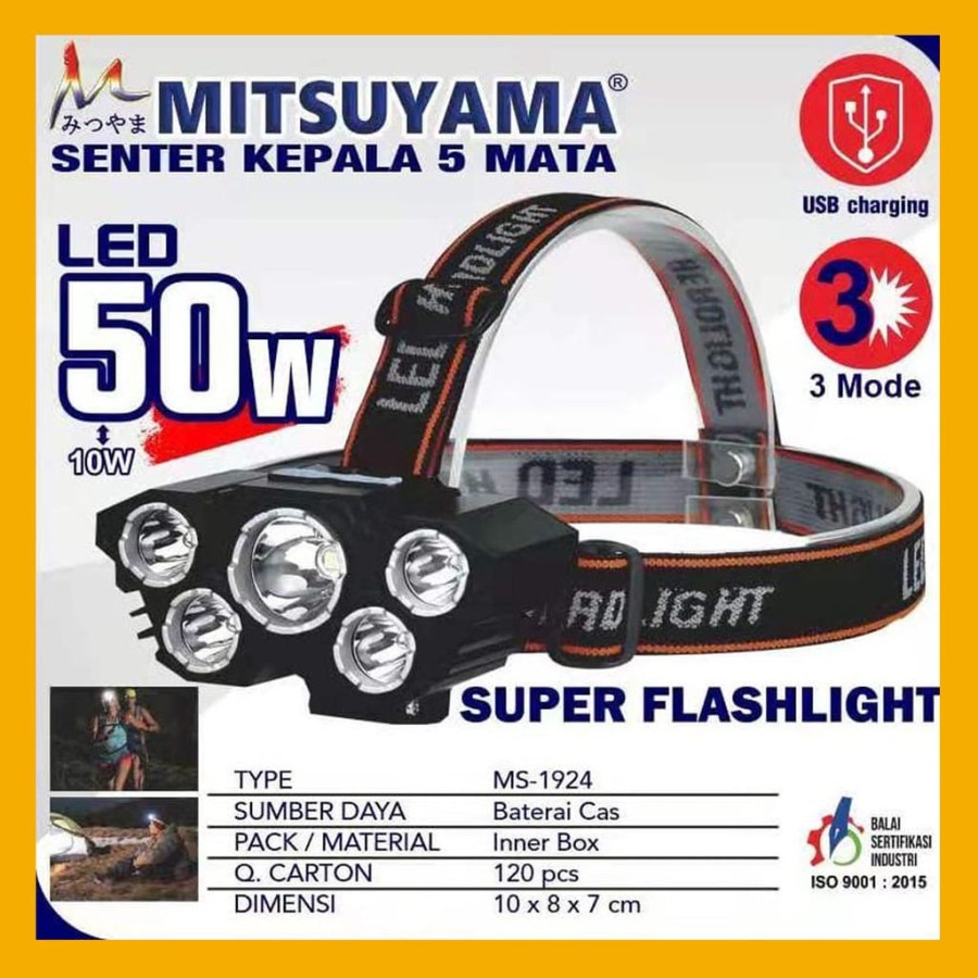 COD Senter Kepala 5 Mata Led 50 Watt Mitsuyama MS-1924 Cahaya Putih