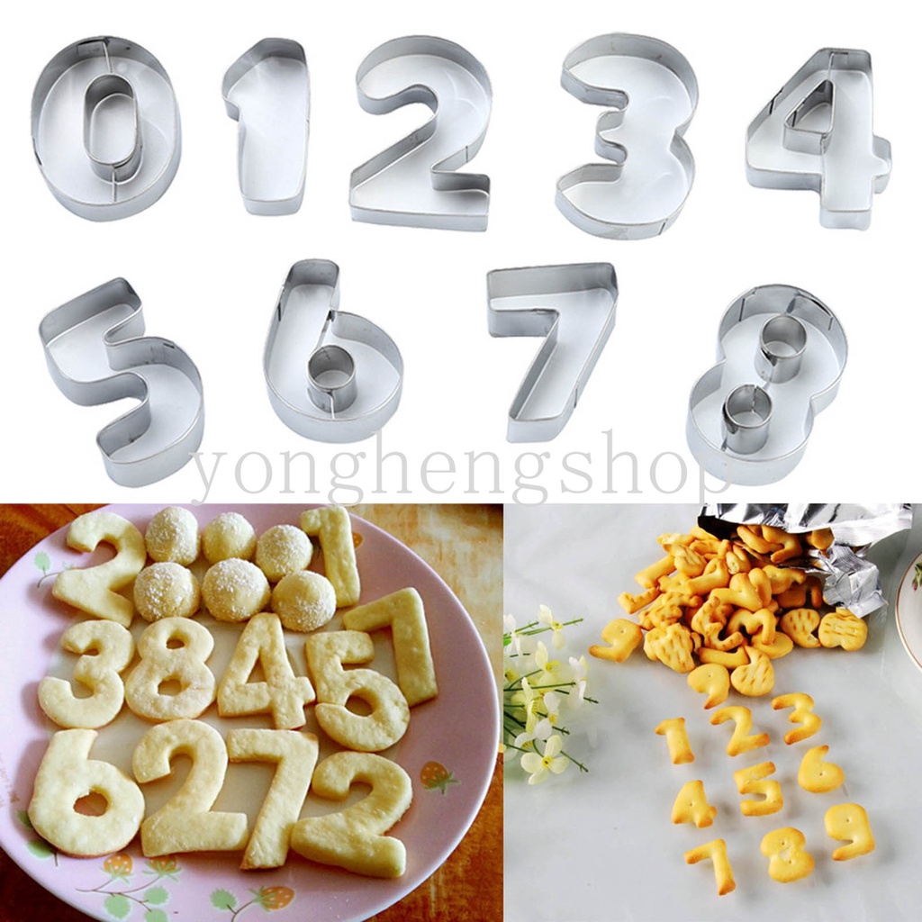 9 Pcs / set Cetakan Kue / Biskuit / Buah Bentuk Angka 3D Bahan Stainless Steel Untuk Dekorasi