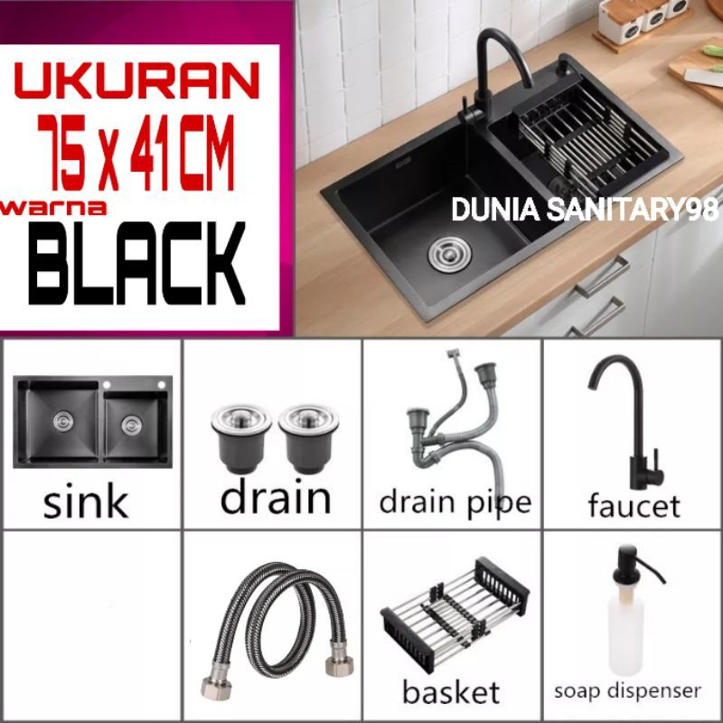 Paket Kitchen Sink ONAN 7541 Black bak cuci piring ONAN Stainless sus 304 Hitam