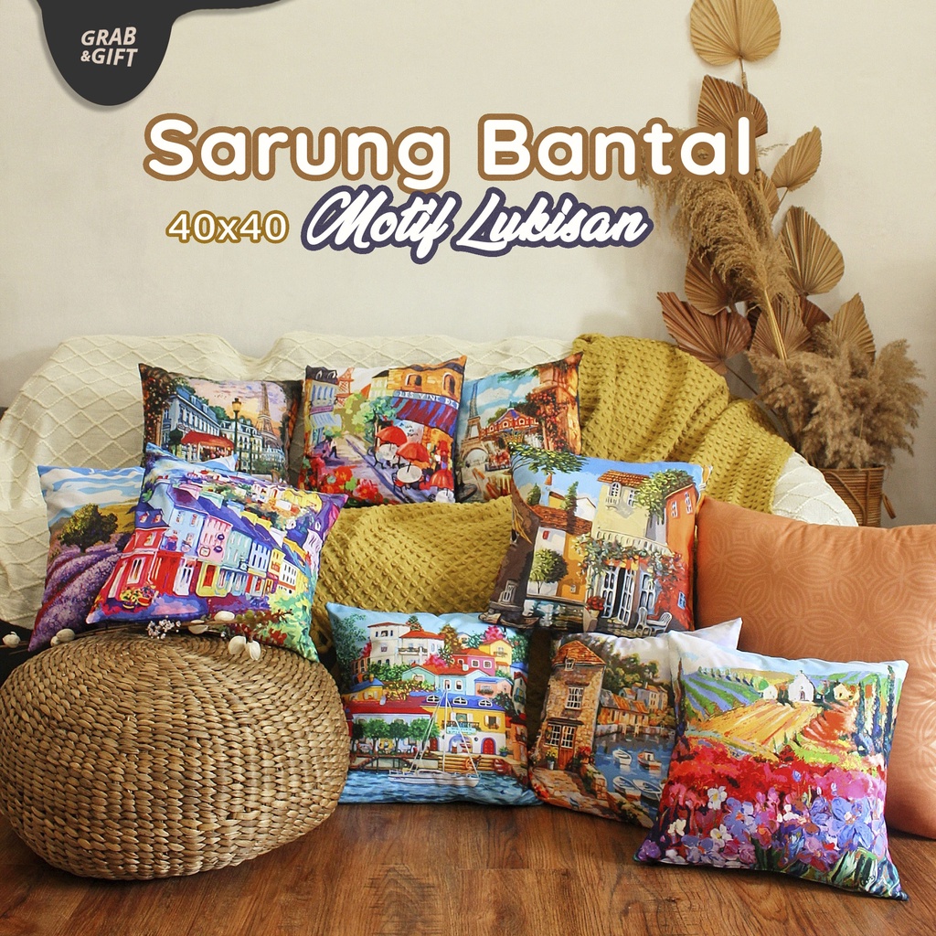 SARUNG Bantal Sofa Motif Painting Scenery Pemandangan Lukisan 40x40 cm Landscape Painting Cushion Cover Pillow