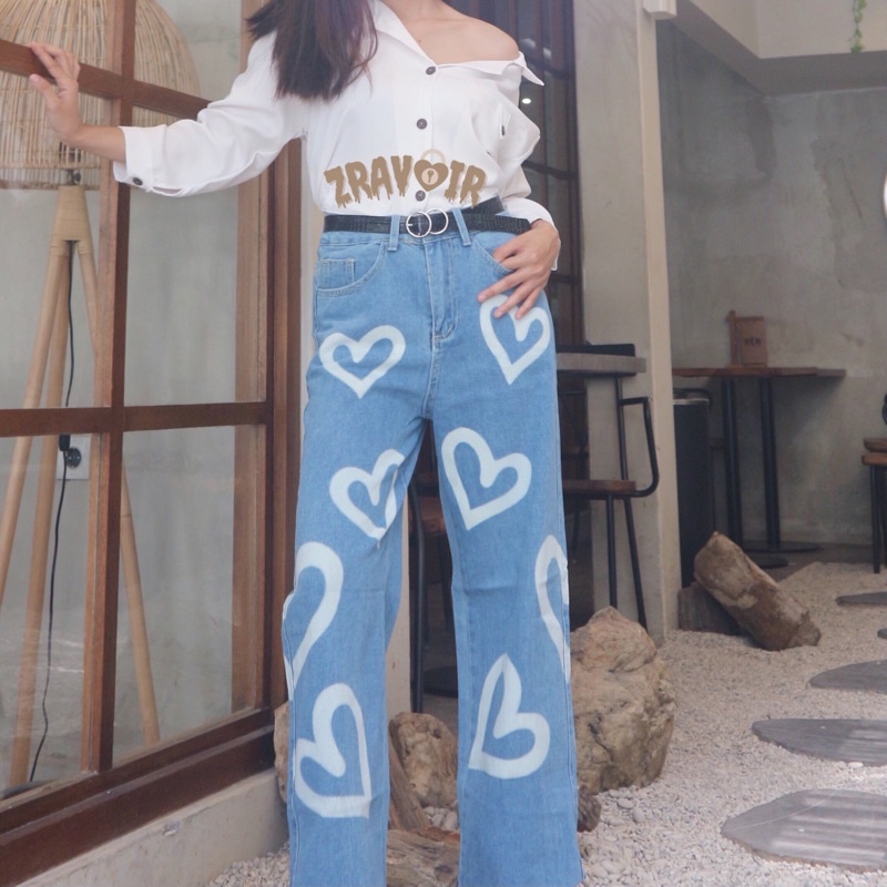 NAFA JEANS - Celana Highwaist Jeans Wanita - BF Jeans Kulot Jeans Love Putih Sablon Gaya Korea