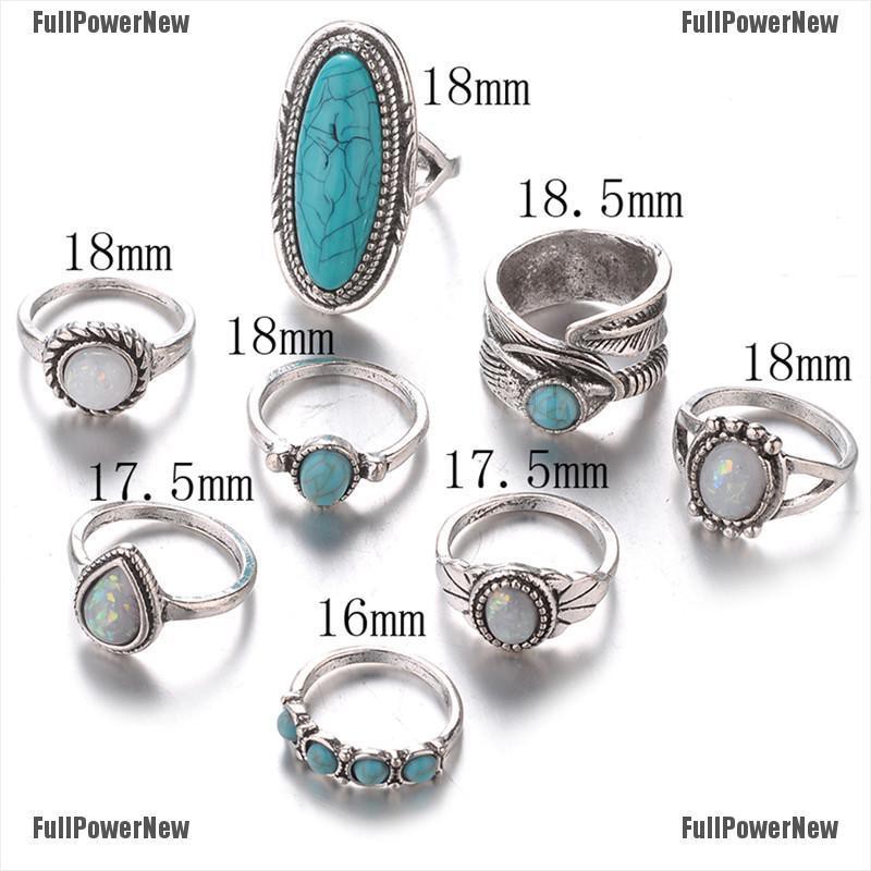 (FULL Jy) 8PCS / Set Cincin Gaya Bohemian Motif Geometri Aksen Turquoise + Opal Untuk Perhiasan Wanita / Pernikahan