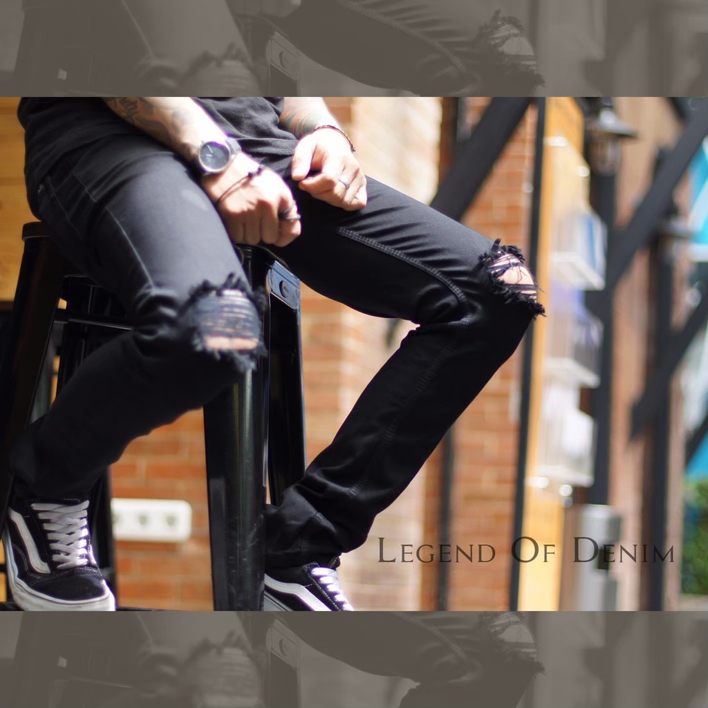 Black skinny Ripped Jeans Celana sobek Pria Hitam 29 