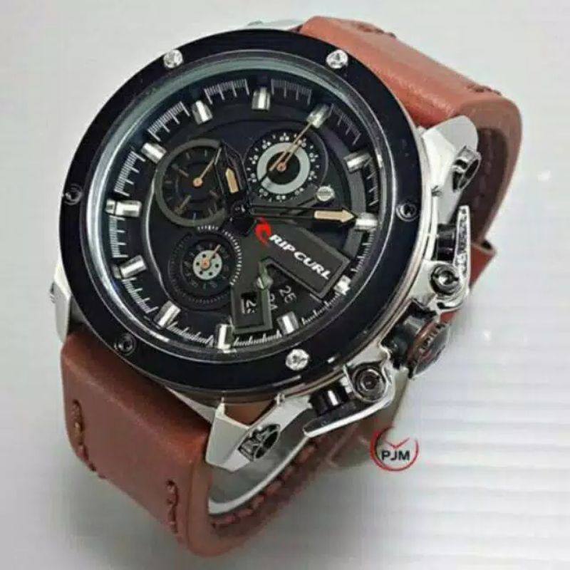Jam Tangan Pria Ripcurl 9125 Tali Kulit Crono Off Tanggal Aktif - Free Box Batre Cadangan Original