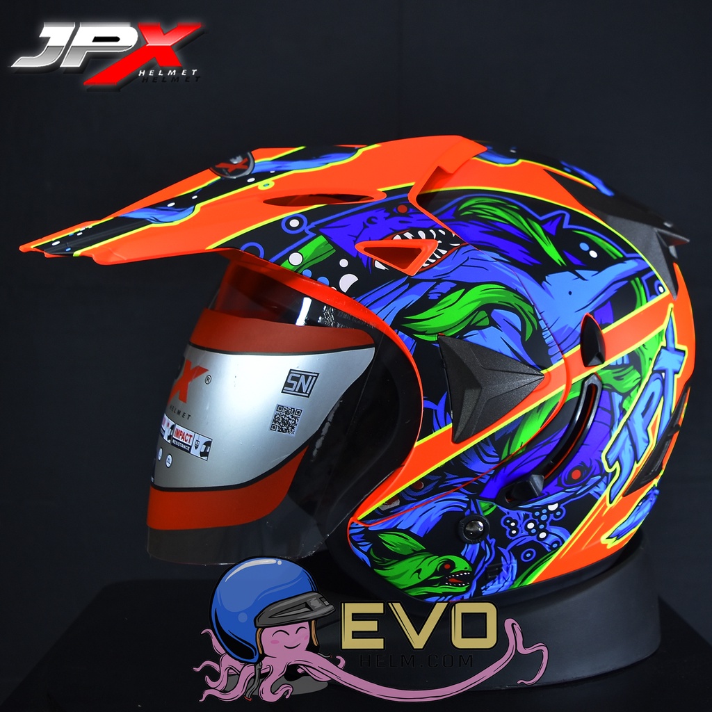 HELM JPX SUPERMOTO MOTIF SHARK JPX SEMICROSS TERBARU ORIGINAL HELM CROSS HALF FACE JPX JP HELMET - ONGKIR 2KG