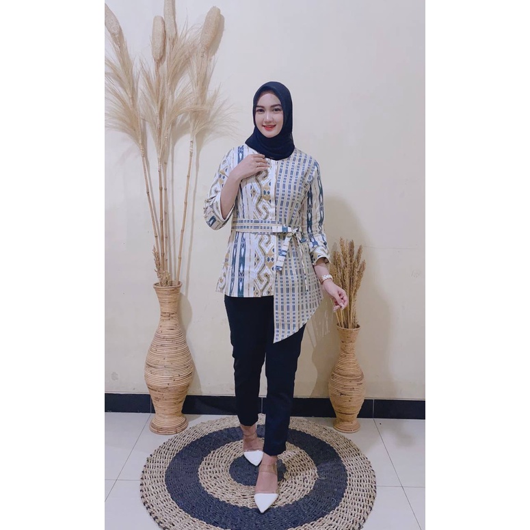 tey-17 Batik wanita ASJ SA HRB026 Kenongo Kemeja Tosca Pendek / Batik Usman-Songket Coklat