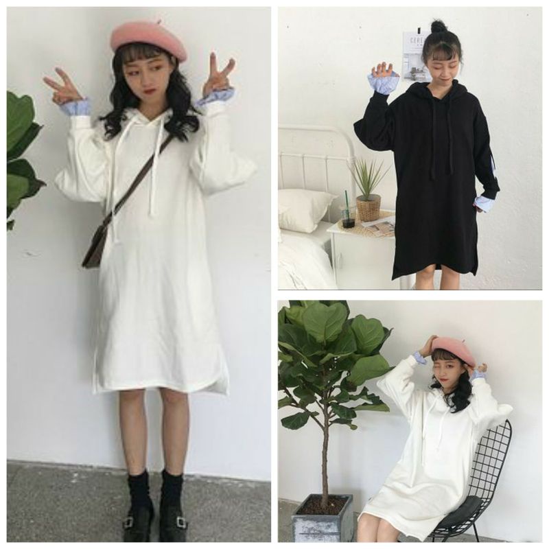 Tunik kupluk jumbo hitam putih lengan panjang