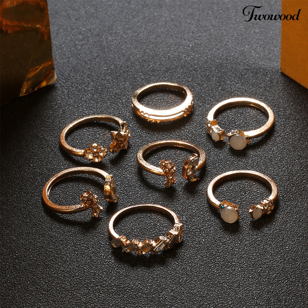 Twowood 7Pcs Elegant Opening Ring Shiny Rhinestones Wear-resistant Female Temperament Finger Ring for Decoration