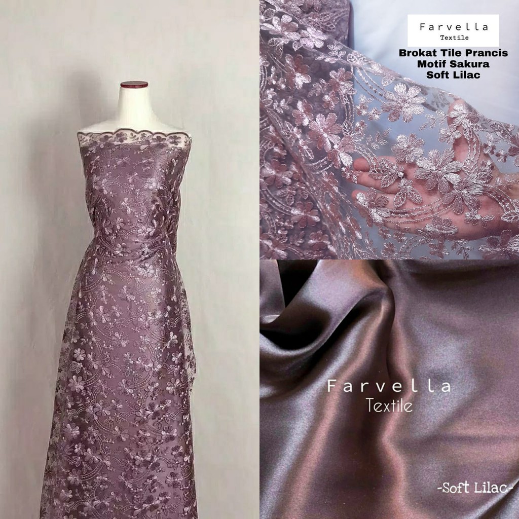 COMBO 1/2 Meter Kain Brokat Tile Motif Sakura + Furing Satin Charmuse / Satin Velvet- Farvella