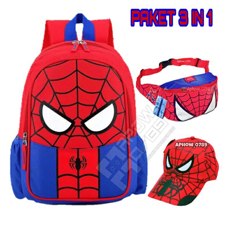 paket hemat 3in1 tas ransel waistbag dan topi karakter spiderman tas punggung anak laki laki tas selempang anak topi anak laki laki