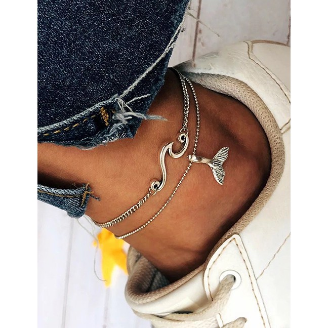 LRC Gelang Kaki Fashion Silver Fishtail Wave Multi-layer Anklet Two-piece F55799