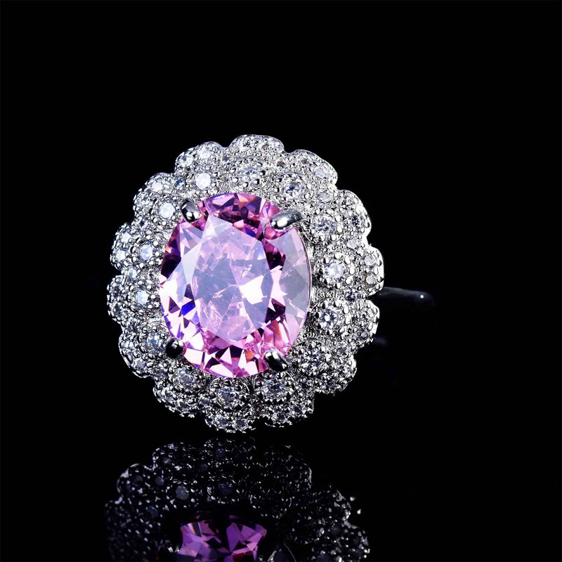 Fancyqube Cincin Silver 925 Hias Batu Zircon Oval Warna Pink / Kuning / Biru Untuk Wanita