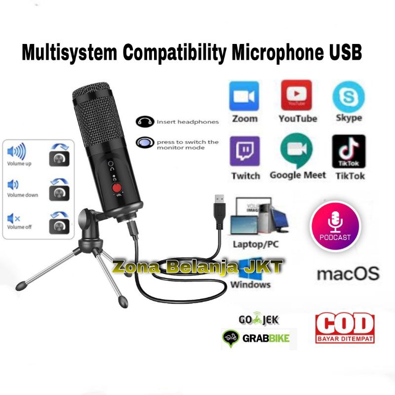 MICROPHONE MIC CONDENSER USB CONDENSER REKAMAN SUARA MIKROFON USB PODCAST LIVE ZOOM RECORDING GAMING