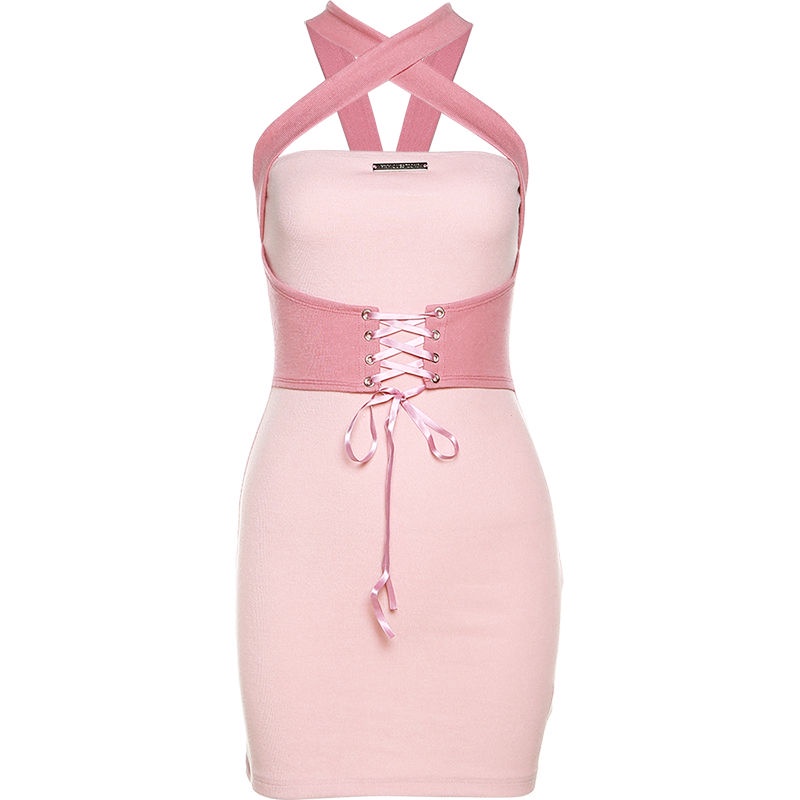 Sayang pink dan lembut girly hot girl halter neck strapless dress desain rasa renda tipis tas pingga