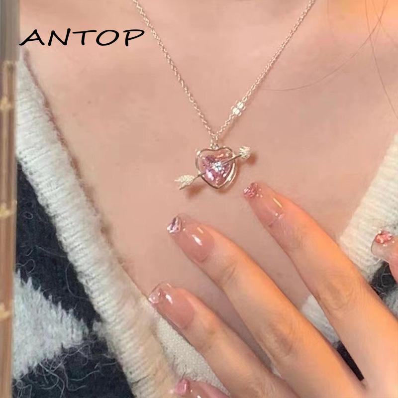 Kalung Bentuk Panah Hati Aksen Berlian Warna Pink Untuk Hadiah Ulang Tahun