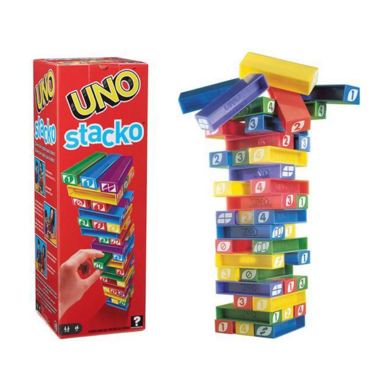 UNO STACKO MAINAN SUSUN BALOK PAKET UNO STACKO 3 IN 1 DADU 2 BUAH+KARTU UNO+UNO STACKO