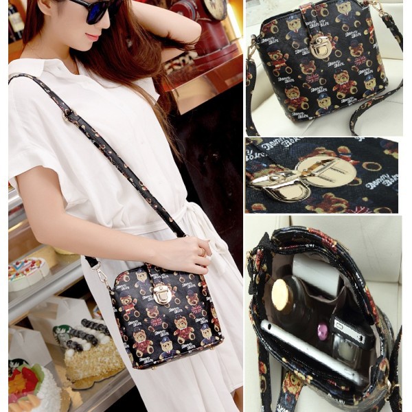 TAS SELEMPANG CATK KIDSTON KATE SPADE WANITA PUTIH HITAM MOTIF BEAR PU