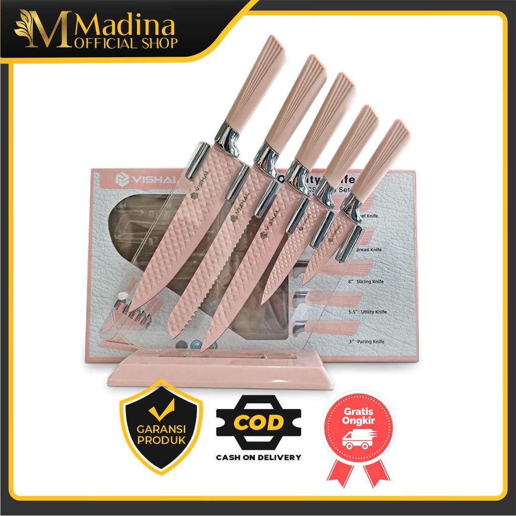 Pisau Set Dapur 6 in 1 pisau pink Stainless Anti Lengket  Tempat Pisau VS-1845 Cookware Kitchen Knif