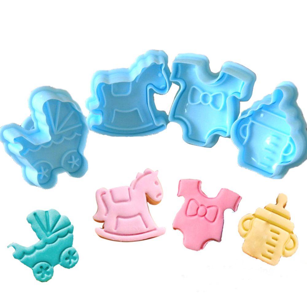 R-FLOWER 4pcs Cetakan Biskuit Bayi Alat Kue Plastik Plunger Dekorasi Kue Pastry Mold