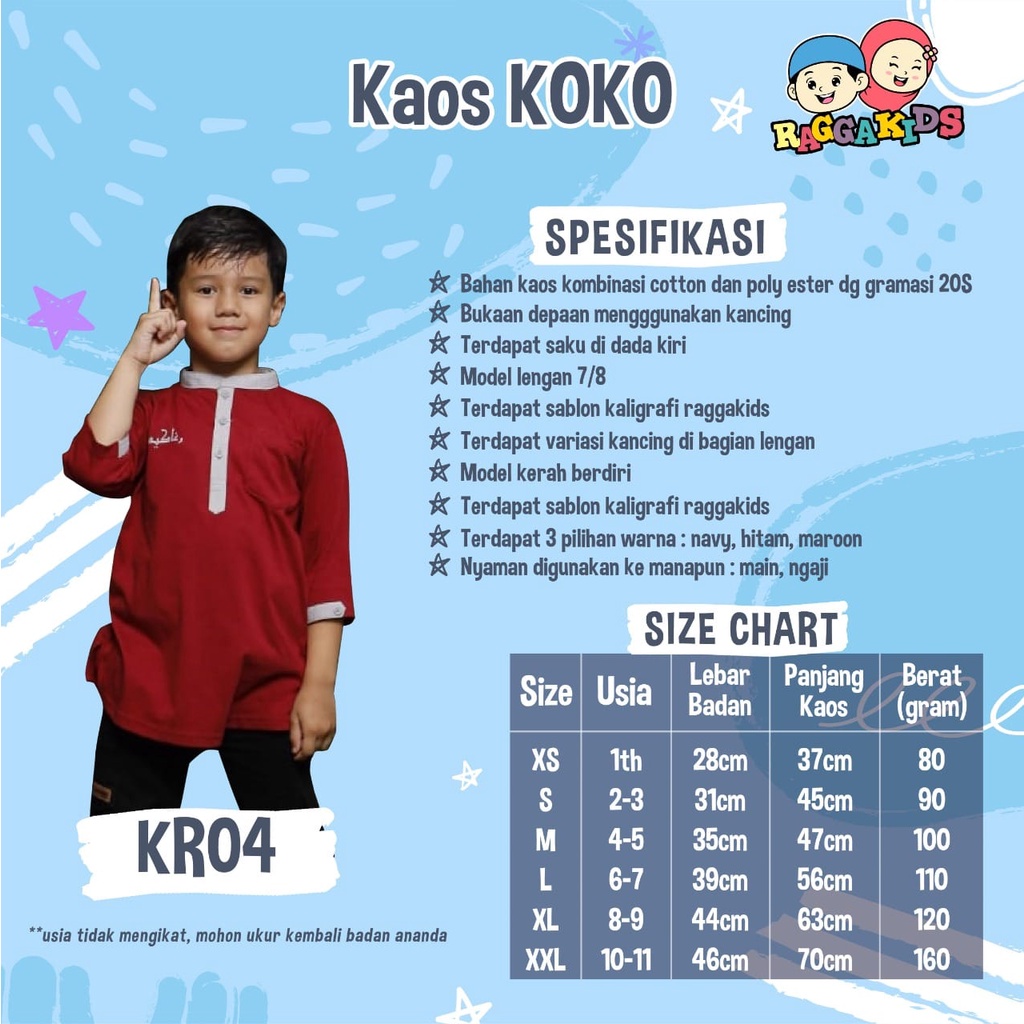 Baju Muslim Koko Anak Remaja Dewasa Tanggung Bahan Kaos Terbaru 2022 Nyaman Adem Branded Original Raggakids KR 04