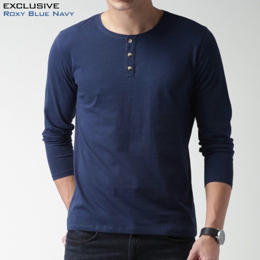 Kaos Polos Lengan Panjang Henley Roxy Blue Navy