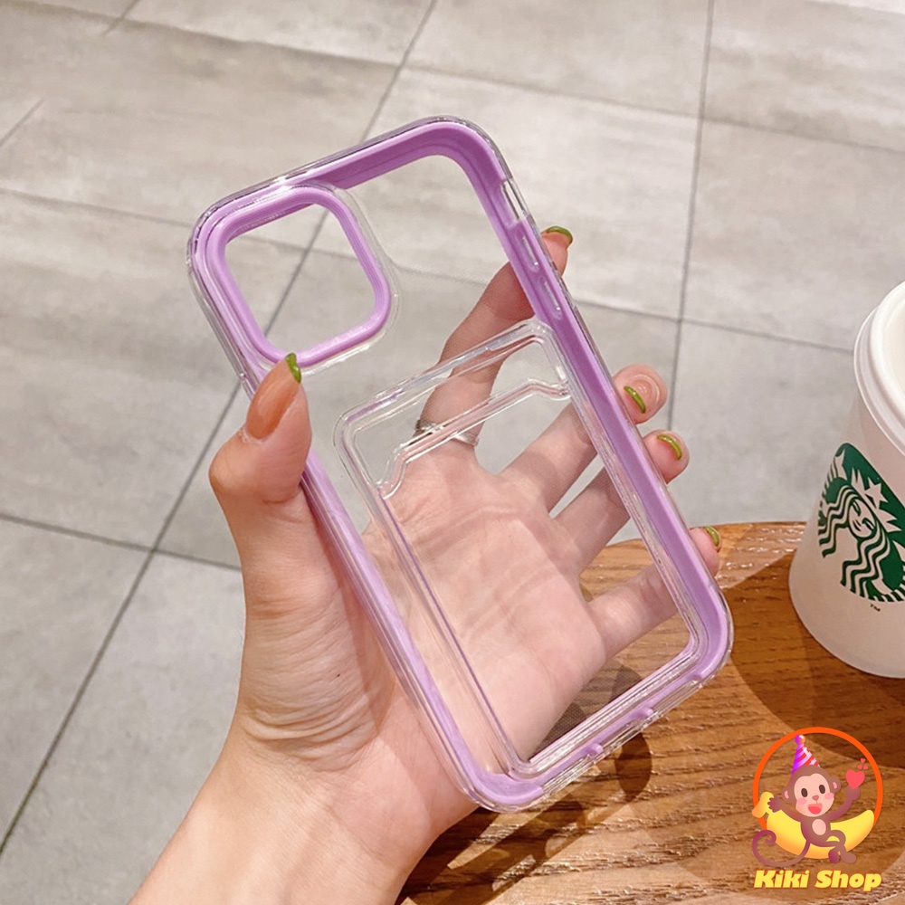 IPHONE Card Holder Heavy Duty Colorful Frame Crystal Phone Case Untuk Iphone12 11 Pro Max X Xs XR 87 Plus 3in1 Shockproof Bumper Lembut TPU Penutup Belakang