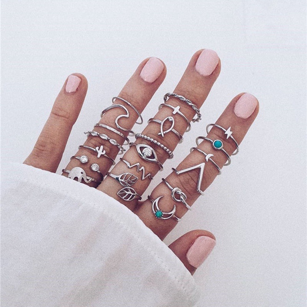 20pcs / set Cincin Jari Telunjuk Desain Bulan Sabit Hias Berlian Turquoise Gaya Bohemian retro Untuk Wanita