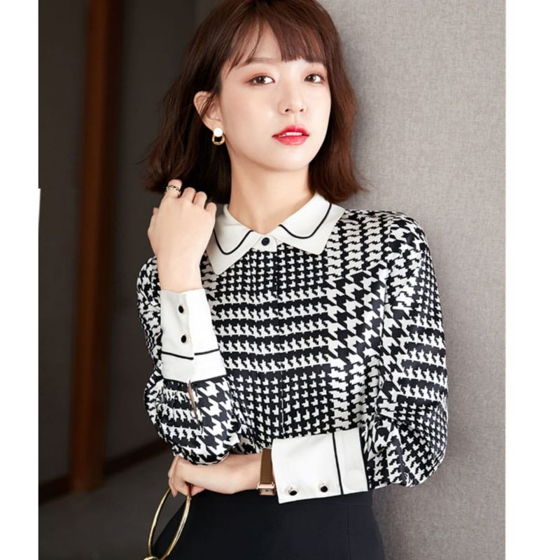 MDLV ~ 2140 Jericha Hidden Button Shirt Houndstooth Kemeja Twiscone Korea Fashion import