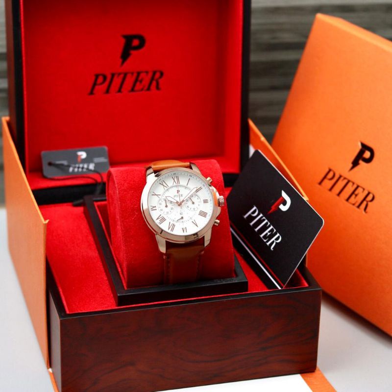 JAM TANGAN PRIA PITER ORIGINAL KULIT CHRONO AKTIF DIAMETER 4.5CM ||