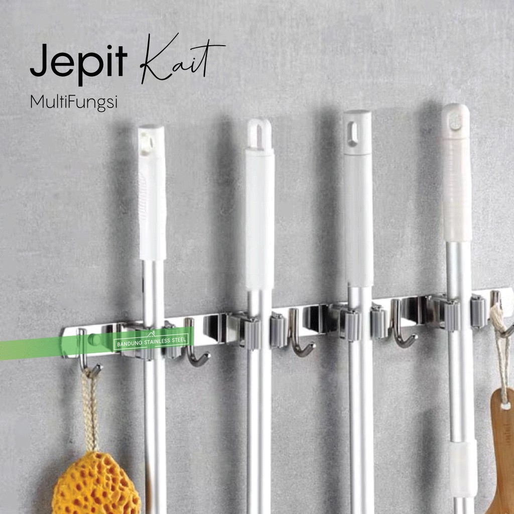 Hanger Kapstok dengan jepit Mop sapu serbaguna Stainless  5 Kait 4 penjepit gantungan Pel Sikat