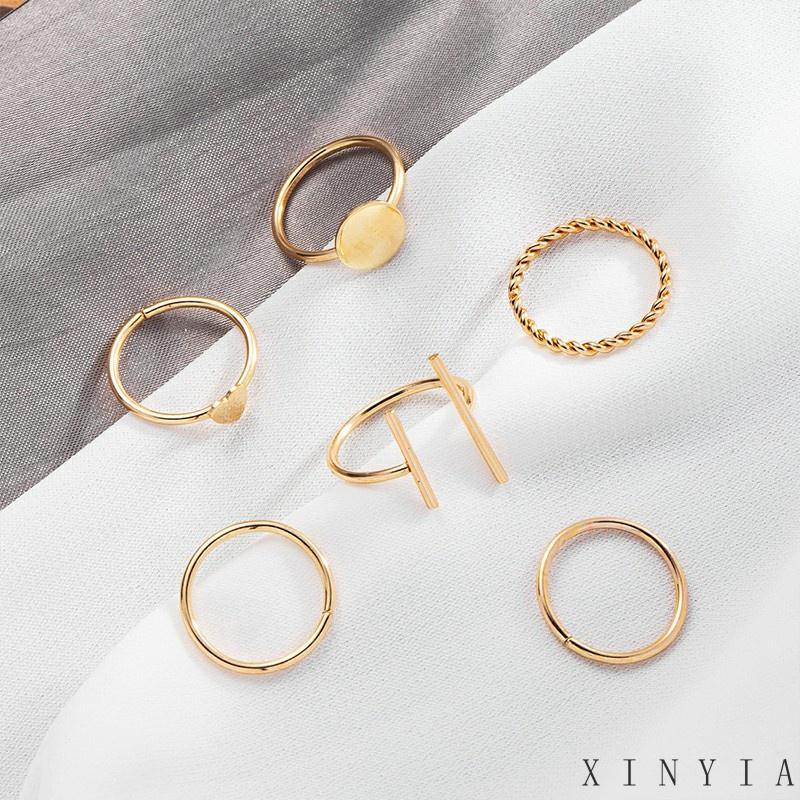 【COD】6pcs / Set Cincin Geometris Bahan Alloy Gaya Vintage