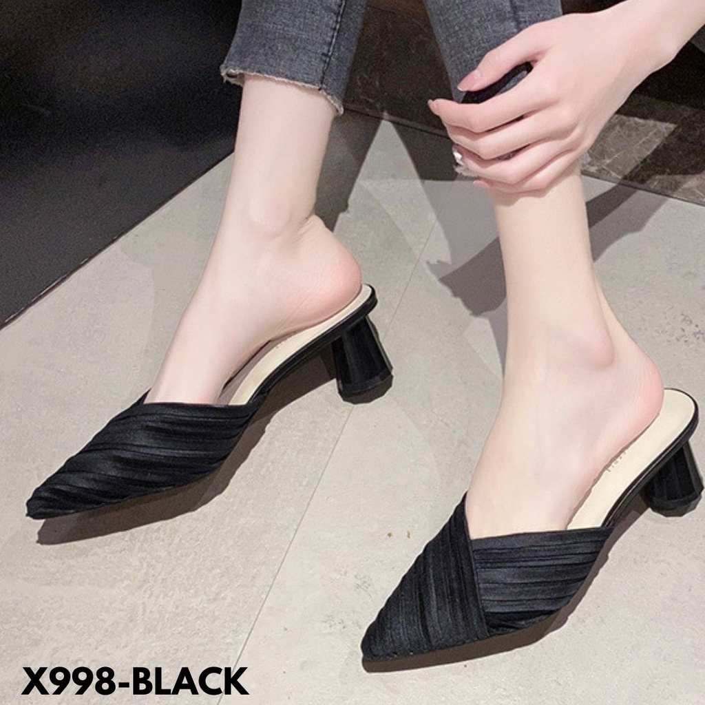 HEELS WANITA RENDA AESTHETICS CLOSED TOE HAK KOTAK BAHAN KAIN PU IMPORT 998