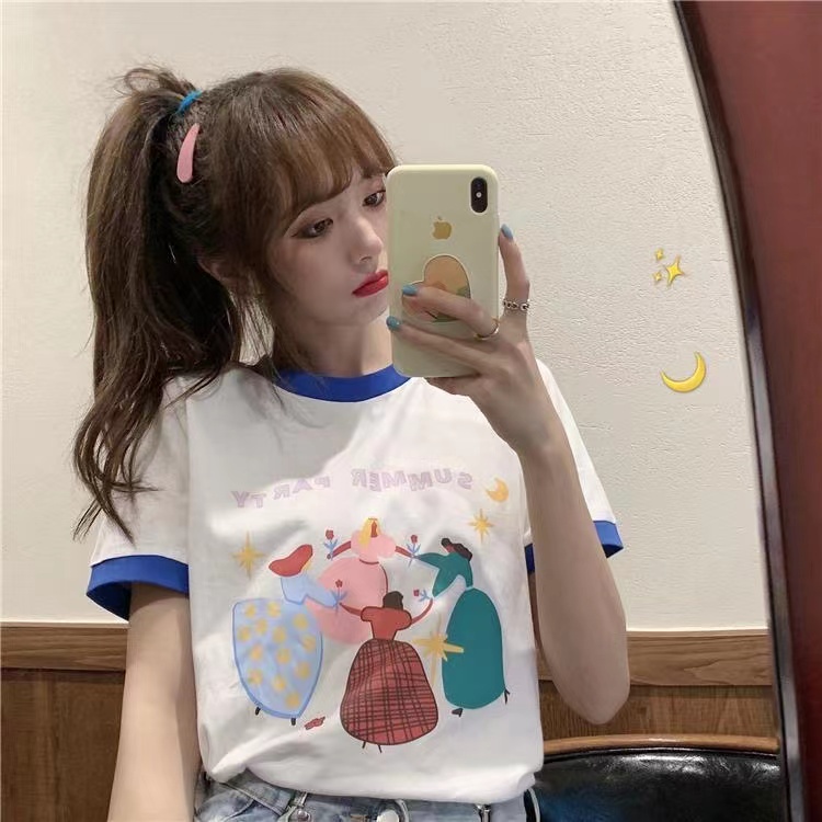 yikoo-Kaos wanita korea t shirt colorblock gaya atasan print katun