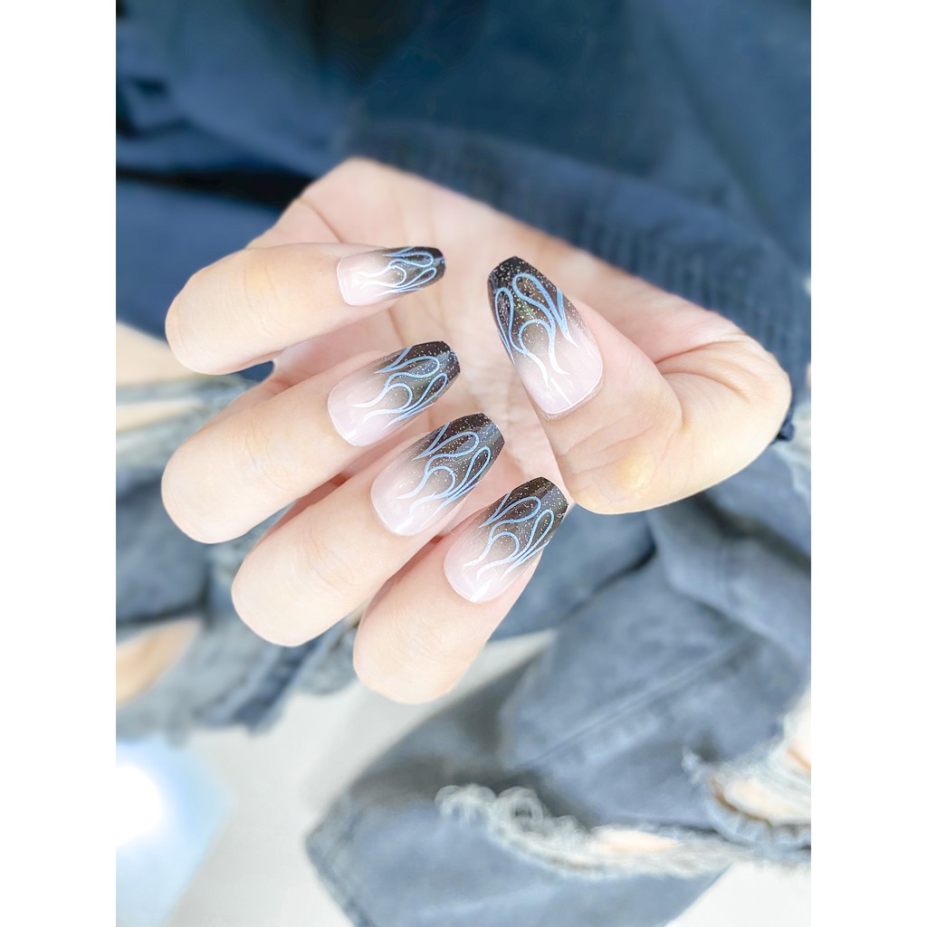 24 pcs kuku palsu + lem set / fake nails tahan air motif api hitam panjang natural with glue