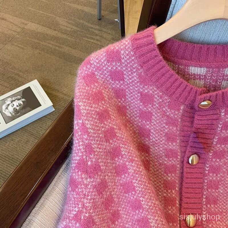 Retro Korea Kardigan Rajutan Kotak-kotak Lembut Wanita Musim Gugur dan Musim Dingin Baru Temperamen