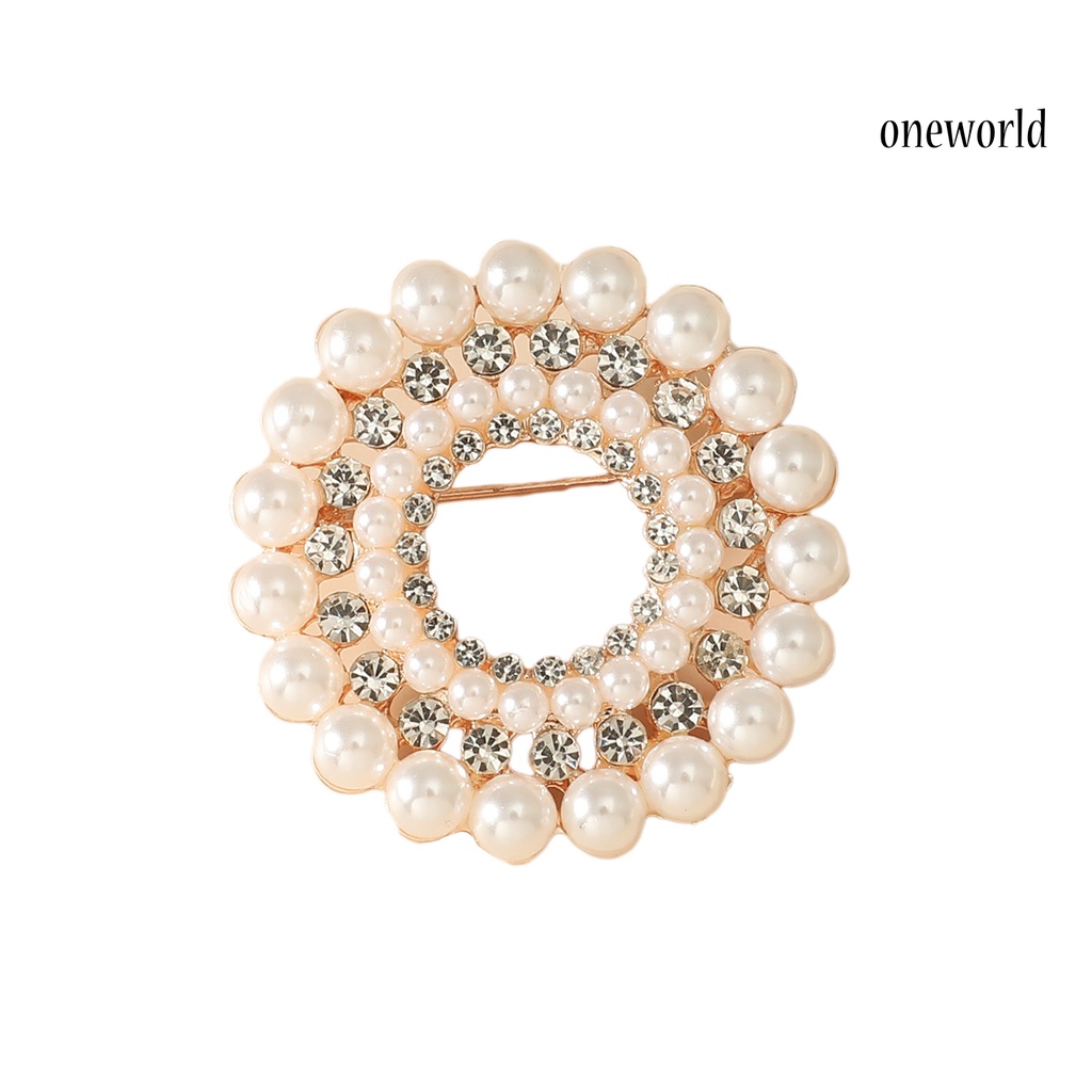 OW@ Women Round Faux Pearl Rhinestone Decor Brooch Pin Corsage Fashion Accessory