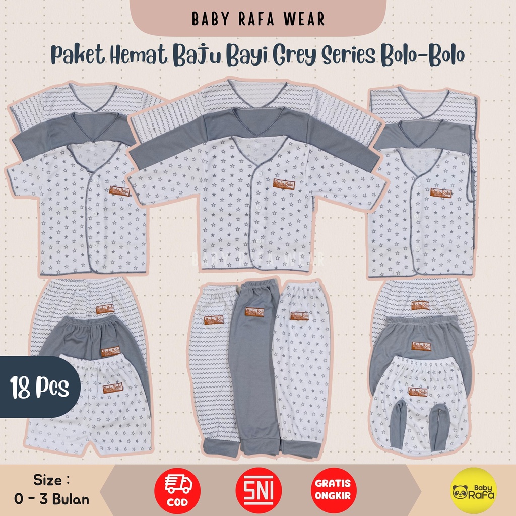 Serian Abu - 18 PCS Paket Lahiran Setelan Baju Bayi Celana Bayi Baru Lahir Gift Set Baby merk SNI Bolo - Bolo Grey Series