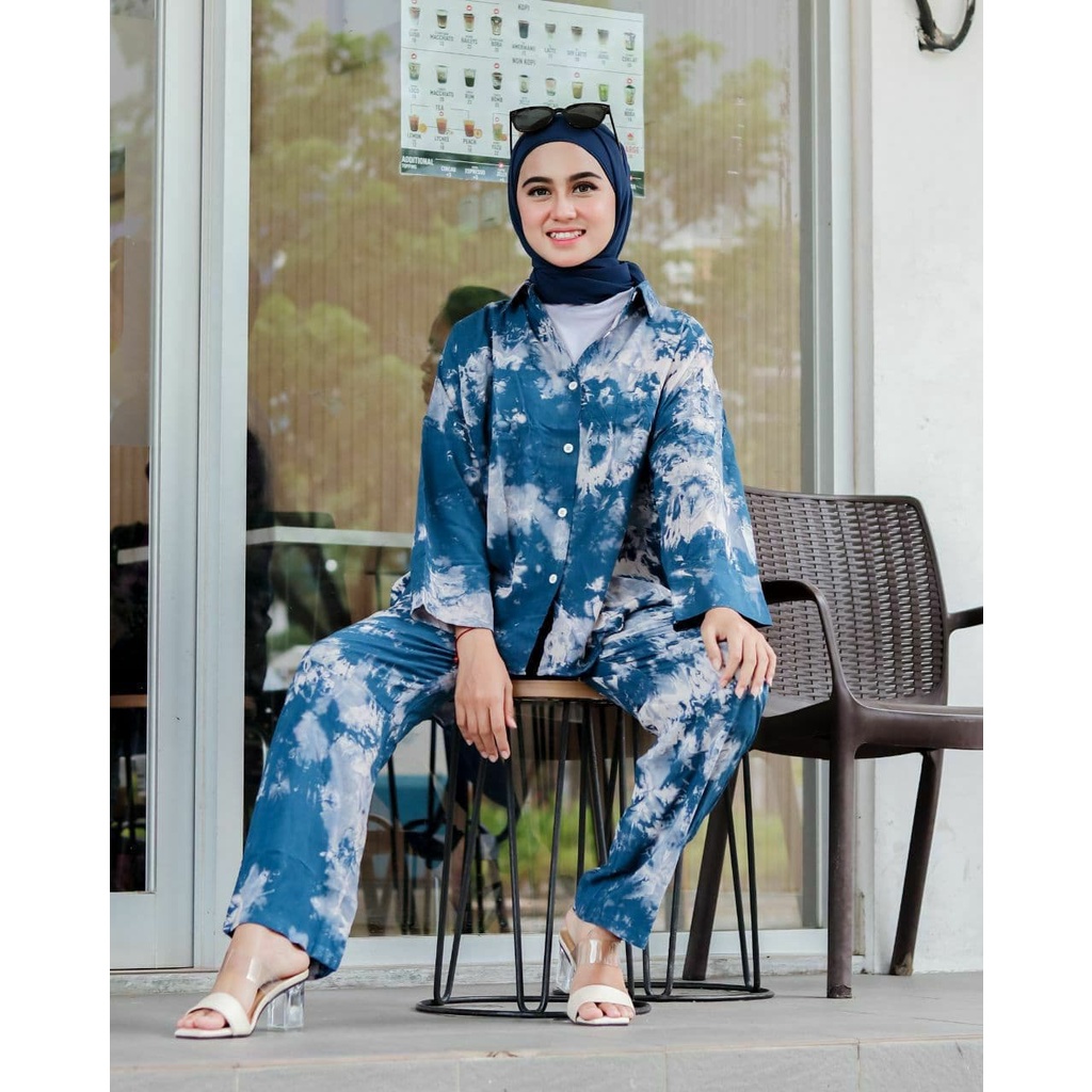 Cow Set - One Set Wanita Rayon Premium Setelan Wanita Tie Dye Lengan Panjang Set Wanita Kekinian LD 110 cm