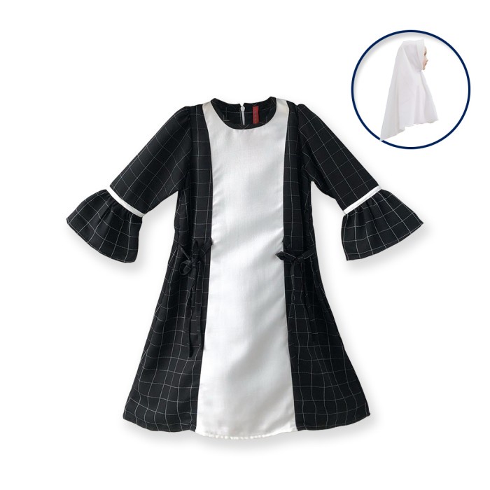 Ulikids Gamis Anak Motif Kotak Putih Tengah Bahan Satin Velvet - Hitam, XS