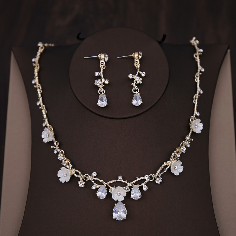 Golden Branches and Crystal Flower Necklace Earring Set Bridal Jewelry