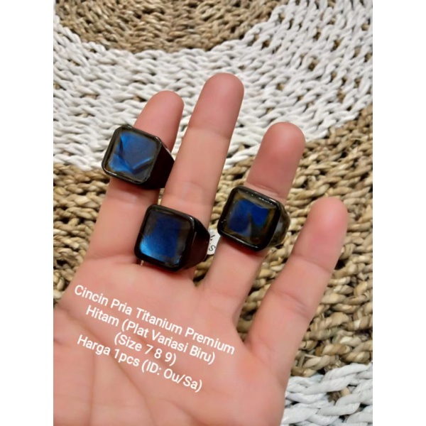 Cincin titanium pria premium hitam permata biru