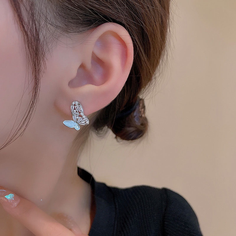 Anting Tusuk Sterling silver 925 Desain Kupu-Kupu Hias Kristal Zircon Mewah Untuk Wanita